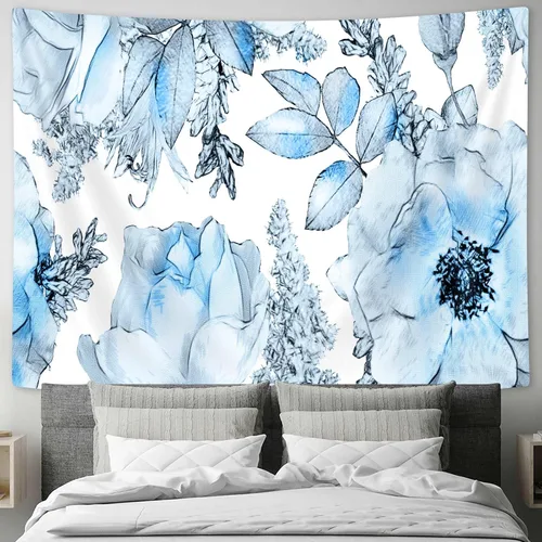 Miniatura 2 de SAOLUIS Tapiz floral, tapiz de flores azules, tapiz estético floral de acuarela, tapiz floral de poliéster, flores bohemias para colgar en la pared