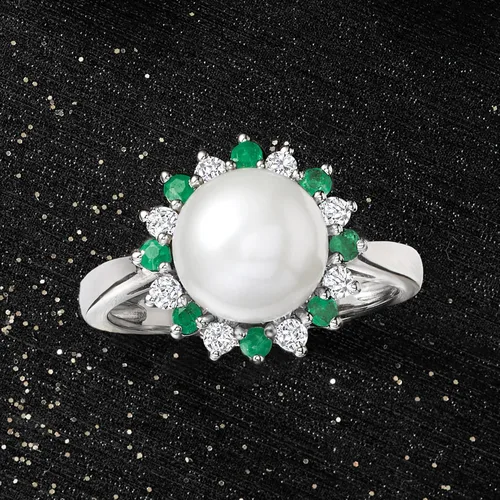 Miniatura 4 de Ross-Simons Anillo de halo de perlas cultivadas de 0.354-0.374in con zafiros blancos de 0.40 quilates y esmeraldas de 0.30 quilates en plata de ley
