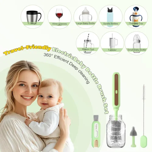 Miniatura 2 de Limpiador eléctrico de cepillos para biberones, kit de viaje 5 en 1 con bolsa de almacenamiento, silicona de grado alimenticio, batería de larga