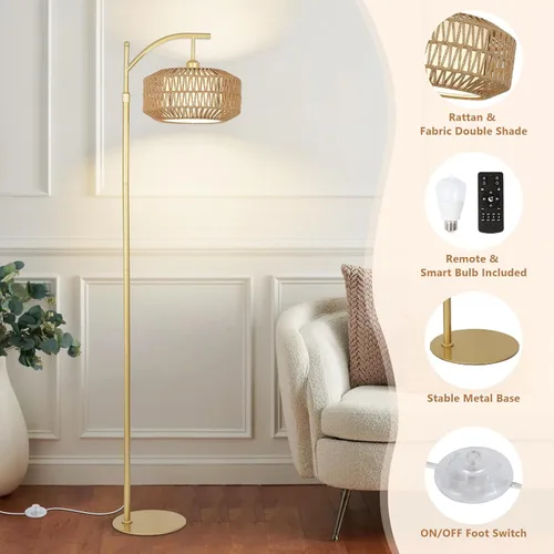 Miniatura 7 de LAMSU Lámpara de pie Arc Gold con control remoto y bombilla LED, lámparas de pie regulables para sala de estar con pantallas de ratán y tela