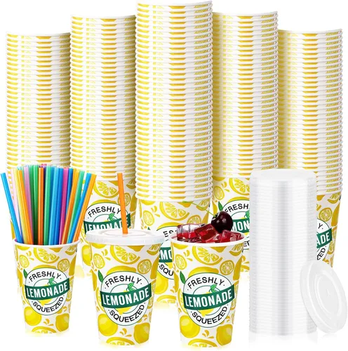 Meanplan 300 piezas/100 juegos de vasos de limonada con tapas y pajitas, vasos desechables para fiestas, tazas de papel de limón, suministros para