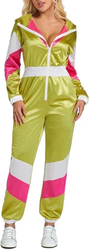 Miniatura 11 de Yisfri Traje retro de una pieza con bloques de color para mujer, traje retro de los años 80 con cintura elástica con capucha