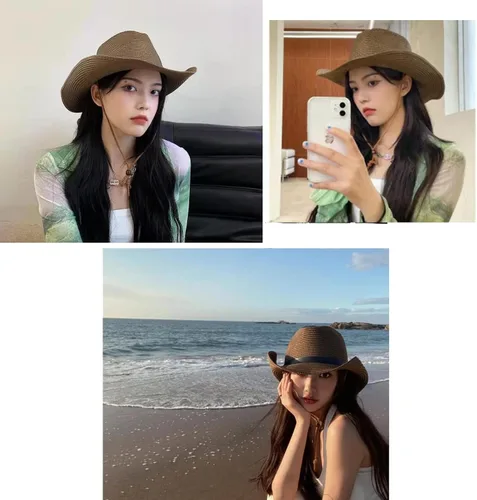 Miniatura 2 de Sombrero de vaquero de paja para hombres y mujeres, sombrero de sol de ala ancha, sombrero de vaquera Panamá con correa para la barbilla, sombrero