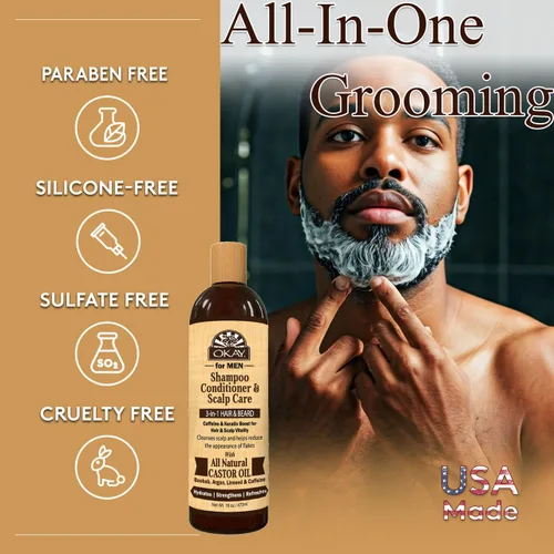 Miniatura 2 de Okay -MEN Champú y acondicionador 3 en 1 - Champú y acondicionador de aceite de ricino, lavado de barba, tratamiento aclarador para cabello seco