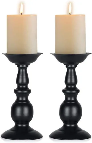 Miniatura 17 de Nuptio Portavelas negro para velas de pilar - Juego de 2 portavelas rústicos Soporte de velas de metal alto Portavelas de pilar retro de otoño