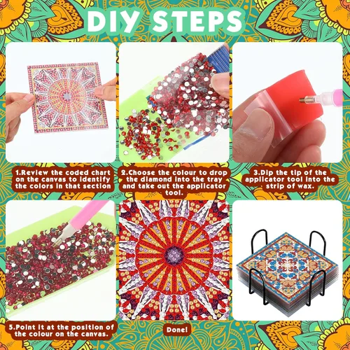 Miniatura 3 de Purpeak 8 posavasos de diamantes para pintar con diamantes, kits de mandala con soporte cuadrado bohemio de cachemira, kits 5D para principiantes