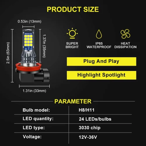 Miniatura 2 de 2 bombillas LED H8 H9 H11 antiniebla de limón verde, 24 LED 3030 chips superbrillantes, bombillas LED de repuesto DRL para automóviles, camiones