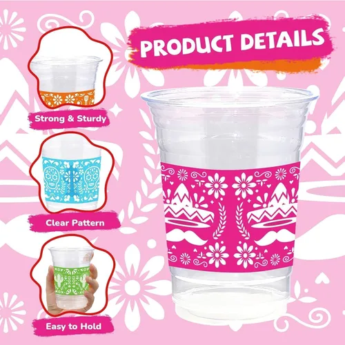 Miniatura 3 de 100 vasos de plástico de papel picado de 16 onzas, vasos de plástico para fiesta mexicana, sarape, vasos transparentes para taco, martes, carnaval