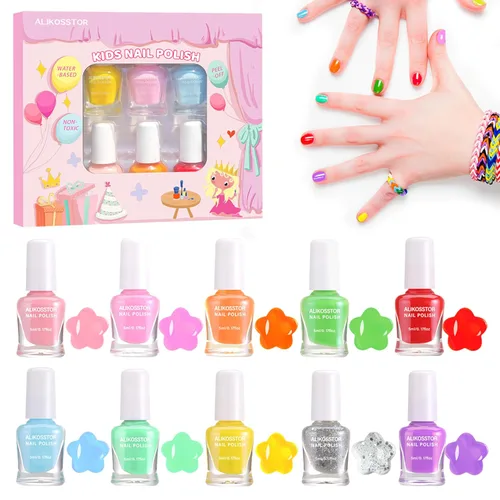 Miniatura 9 de Juego de esmaltes de uñas con purpurina para niños, 10 colores brillantes, no tóxicos, a base de agua, de secado rápido, para fiestas de niños