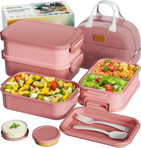 Miniatura 9 de Caja Bento para Adultos con Bolsa de Almuerzo Aislada, Capacidad de 74 oz, 3 Cajas Bento Apilables a Prueba de Fugas con Utensilio y Salsa
