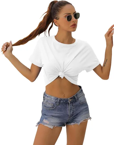 Miniatura 4 de Blusa corta de verano para mujer, manga corta, cuello redondo, ajuste holgado, blusa casual
