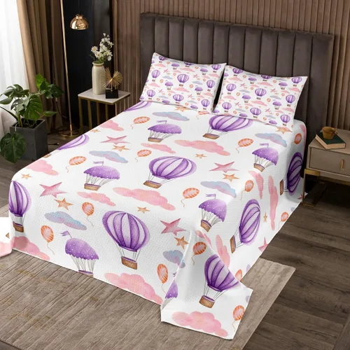 Miniatura 36 de Manfei Lindo pingüino para niños, tamaño individual, juego de colcha de princesa con lazo rosa con globo aerostático, decoración de habitación