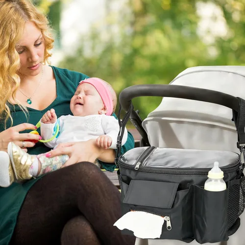 Miniatura 7 de Organizador de cochecito con portavasos aislados, bolsa universal para cochecito que se adapta a Uppababy, Baby Jogger, Nuna, correa de hombro Negro