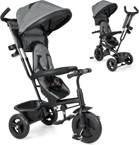 Miniatura 10 de HONEY JOY Triciclo, cochecito 6 en 1 para niños con asa de empuje ajustable y toldo, asiento reversible, cinturón de seguridad, pedal plegable, Gris