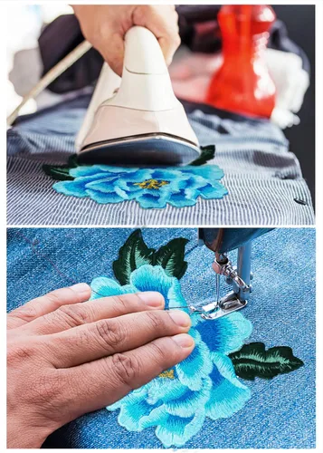 Miniatura 2 de Mini Skater Parche bordado floral de peonía para planchar o coser, parche decorativo para ropa, chaquetas de mezclilla, camisetas, vestidos, Azul