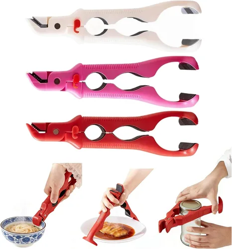 Pinza para placa caliente, 3 en 1, abrelatas integrado, multiángulo, antiquemaduras, herramienta de agarre de placa caliente con cerradura para