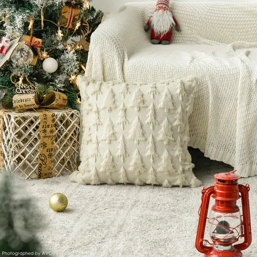 Miniatura 4 de AVOIN colorlife - Juego de 2 fundas de cojín de árbol de Navidad color beige, de 16 x 16 pulgadas, de felpa suave y pelo sintético, para sofá