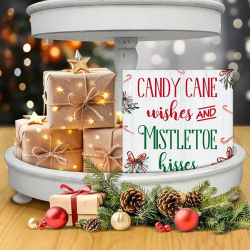 Miniatura 7 de Divertida decoración de Navidad, decoraciones navideñas para interiores, deseos de bastón de caramelo y besos de muérdago, letrero de madera rústico