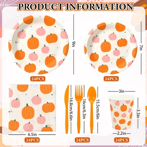 Miniatura 2 de Whaline 168 Pcs Fall Pumpkin Paper Plates Napkins Set Autumn Pink Orange A Little Pumpkin Is On The Way Disposable Tableware Cups and Cutlery for 24