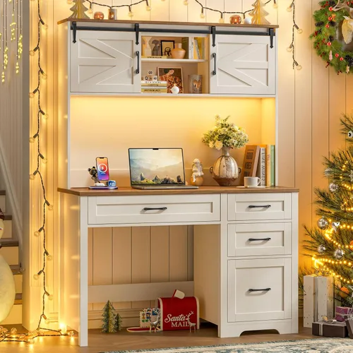 Miniatura 15 de Escritorio ejecutivo Farmhouse de 67" de altura con estante superior, escritorio de oficina con 4 cajones y luz LED, mesa de computadora con Gris