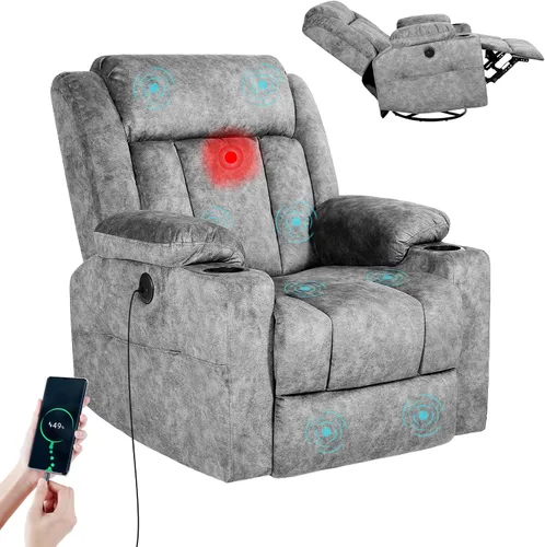 Miniatura 10 de LEVELEVE Silla reclinable mecedora, silla reclinable de masaje con masaje por vibración y calor, sillas reclinables giratorias de 360°, sala