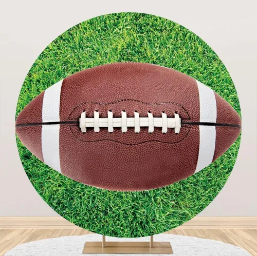 Miniatura 4 de Laeacco Telón de fondo redondo de fútbol americano de 3 x 3 pies con temática deportiva, cubierta de fondo redondo de cumpleaños, césped verde, área