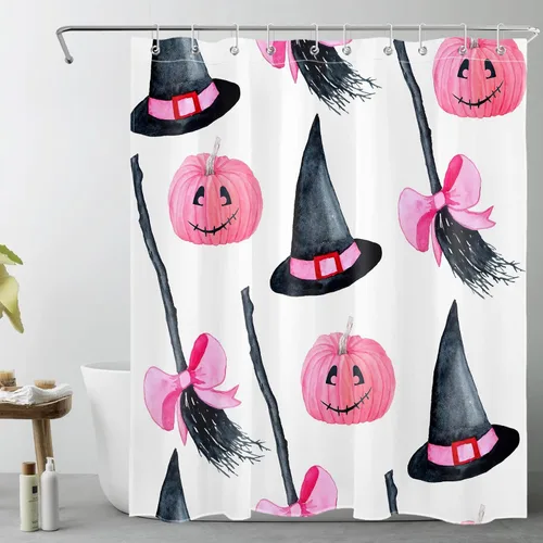Miniatura 8 de LB Cortina de ducha de feliz Halloween para baño, flamenco rosa y calabaza naranja con sombrero mágico, cortina de ducha de tela con ganchos, juego