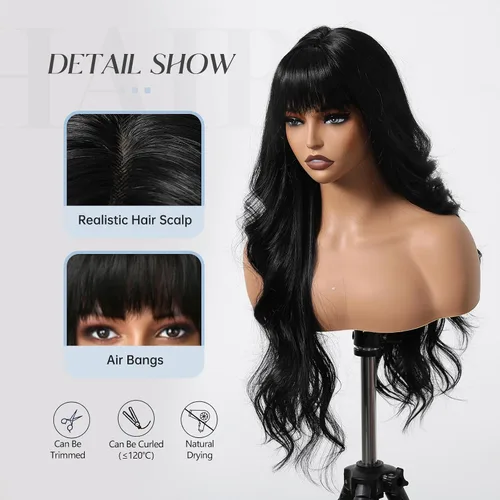Miniatura 3 de Allbell Pelucas negras onduladas con flequillo para mujer, peluca larga y rizada negra con flequillo, peluca sintética negro con flequillo grueso