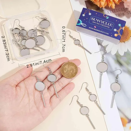 Miniatura 3 de SUNNYCLUE 1 caja de 20 piezas de aretes de cabujones en blanco de acero inoxidable bandejas de bisel de cabujón redondo plano para cúpulas
