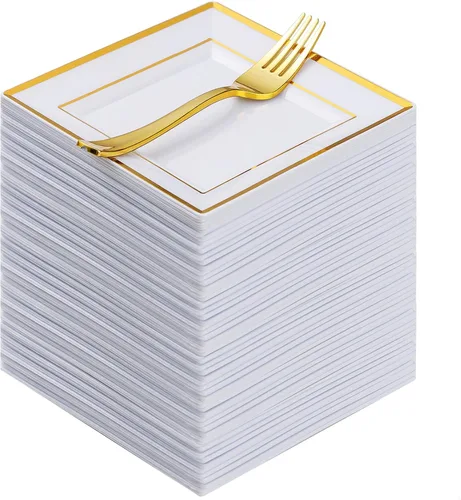 Goodluck 240 platos cuadrados de plástico dorado para postre de 6.5" con tenedores de 7.4", platos dorados para aperitivos para 120 invitados, Oro