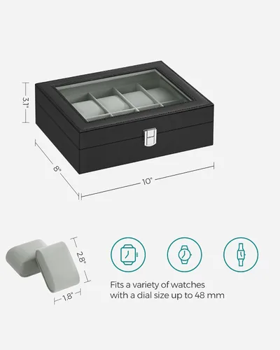 Miniatura 6 de SONGMICS Caja de reloj, caja de reloj de 10 ranuras con tapa de vidrio grande, almohadas extraíbles para reloj, organizador de caja de reloj, regalo