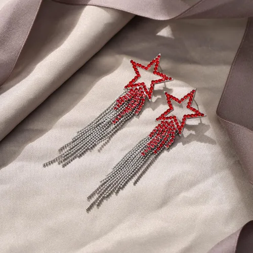 Miniatura 5 de EVER FAITH Aretes de borla de estrella para mujer, aretes largos de cristal de diamantes de imitación con cuentas de cascada con flecos, aretes
