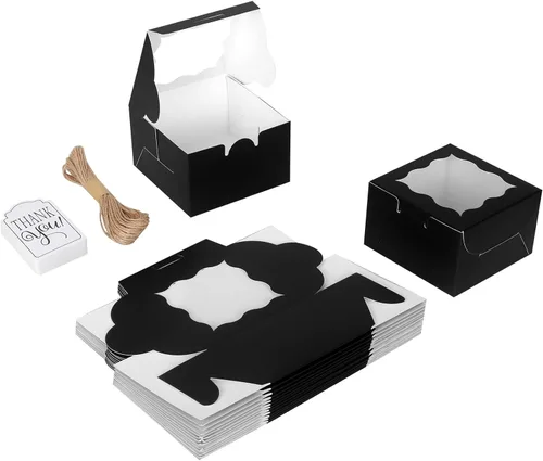 Miniatura 5 de KPOSIYA 60 cajas de panadería negras con ventana, cajas individuales de 4 x 4 x 2.5 pulgadas, caja de regalo de papel kraft negro para pasteles