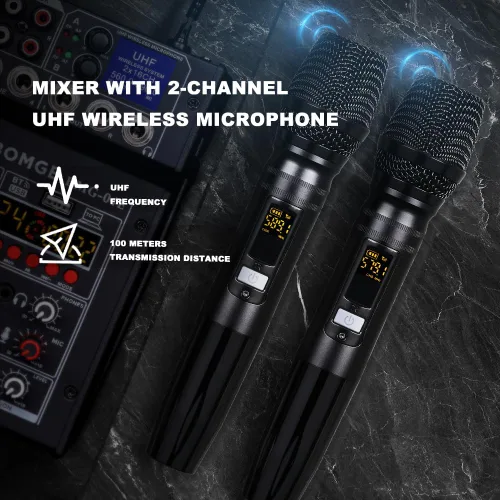Miniatura 2 de BOMGE 04E mezclador de audio de karaoke, mezclador de 4 canales con micrófono inalámbrico UHF dual de 329 pies, consola de tablero de sonido