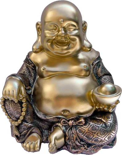 JORAE Estatua de Buda sonriente sentada con lingote dorado Fengshui para riqueza, escultura de bendición de la suerte, decoración del hogar, mesa