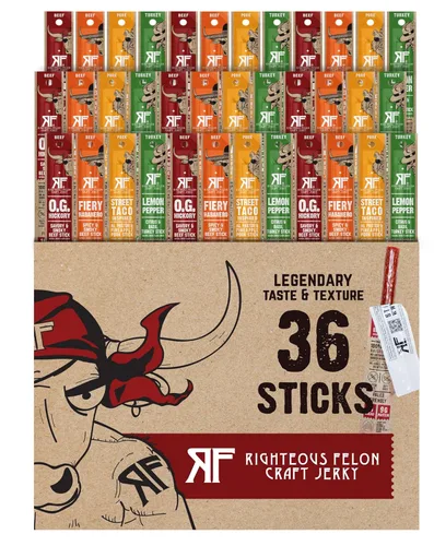 Paquete de variedad de palitos de res Righteous Felon | Snack saludable para adultos | Sin gluten y ceto | Bajo en azúcar y alto en proteínas |