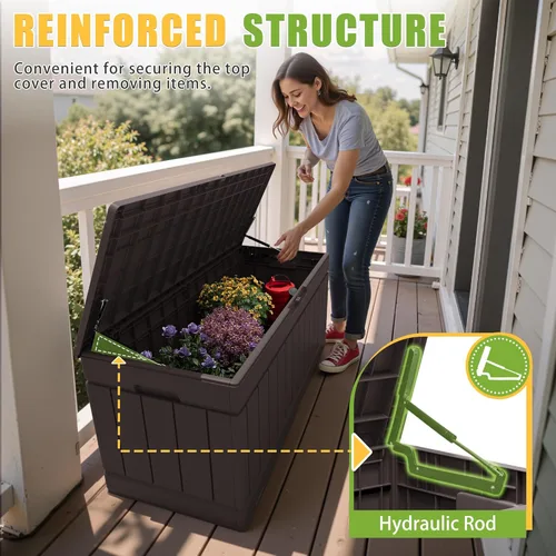 Miniatura 5 de Greesum Caja de almacenamiento para exteriores de 82 galones con tapa para muebles de patio, herramientas de jardín, suministros de piscina, Marrón