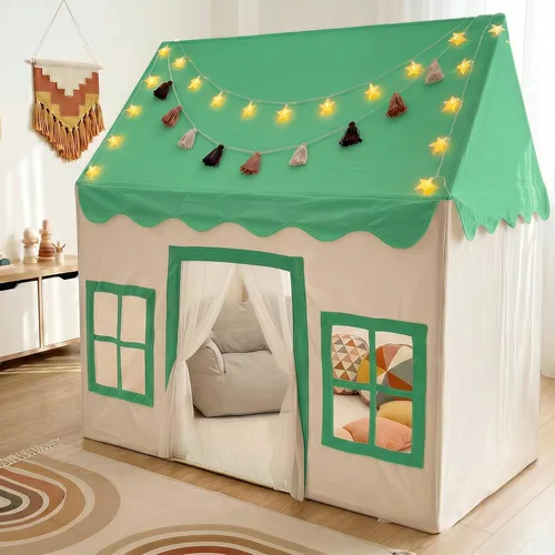 Miniatura 14 de Little Dove Tienda de campaña para niños con alfombra, luces de estrella, guirnalda de borlas, casa de juegos para niños con ventanas fáciles