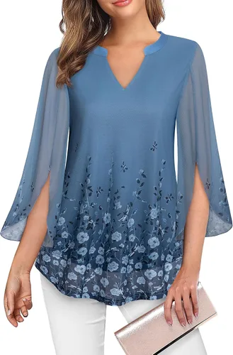Miniatura 3 de VALOLIA Blusa tipo túnica floral de manga 34 para mujer, cuello en V, doble capa, ajuste holgado, de malla