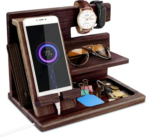 Miniatura 14 de Gifts for Men Wood Phone Docking Station for Mens Gifts for Christmas Husband Anniversary Dad Birthday Gifts for Men or Dad - Nightstand Organizer