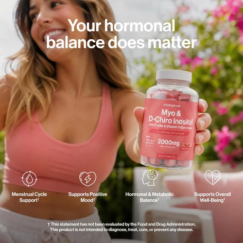 Miniatura 2 de kindnature Gomitas de mio-inositol y D-Chiro inositol para mujeres, 2000 mg + 50 mg, proporción ideal 40:1, con vitamina D y folato, equilibrio