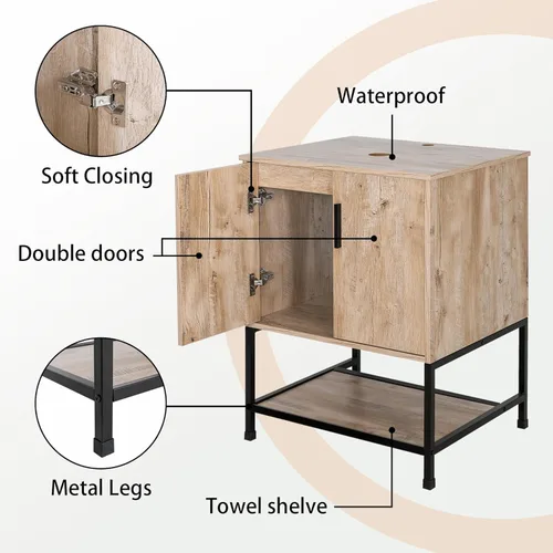 Miniatura 6 de UEV Mueble de baño de roble rústico de 30 pulgadas con lavabo, juego de gabinete de baño con marco de hierro industrial con puertas y estante