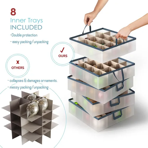 Miniatura 2 de Caja grande de almacenamiento para adornos navideños con divisores ajustables - Contenedor de almacenamiento de adornos de plástico para 128 adornos