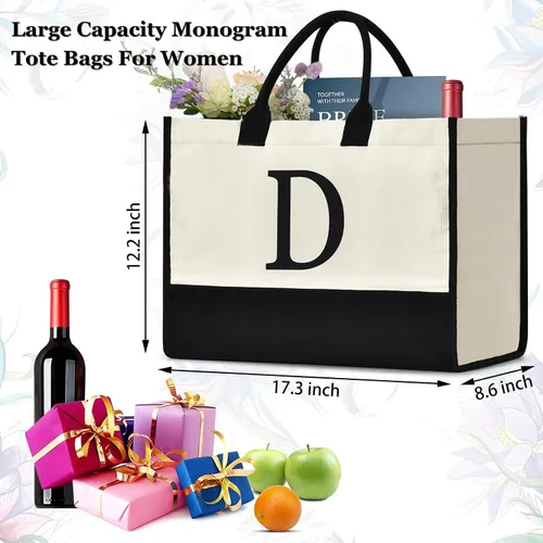 Miniatura 9 de Initial Canvas Tote Bag Birthdays Gift for Women Mom Teacher Friend Bridesmaid,Custom for Wedding Beach Holidays
