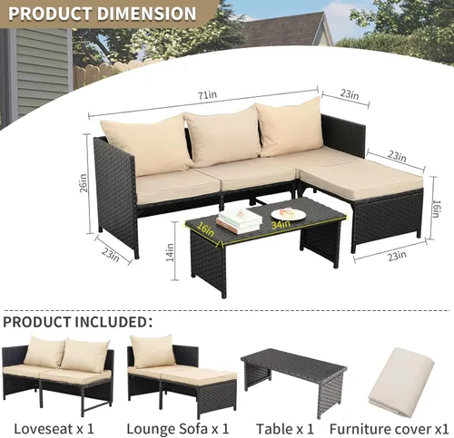 Miniatura 4 de Valita Juego de muebles de ratán PE para exteriores, 3 piezas, para patio, sofá biplaza de conversación de mimbre negro, sofá seccional, cojín caqui