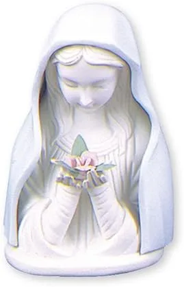 Estatua de Virgen María - Estatua de busto de Madonna de porcelana azul y blanca de cerámica de 7 1/2 pulgadas + tarjeta de oración Lourdes