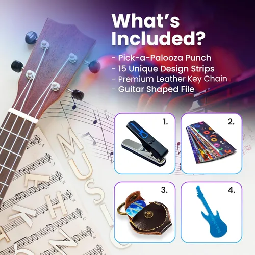 Miniatura 6 de Gran kit de Pick-a-Palooza para hacer tus propias púas para guitarra, para regalo. Dispositivo prémium para fabricar púas. Cadena de cuero porta