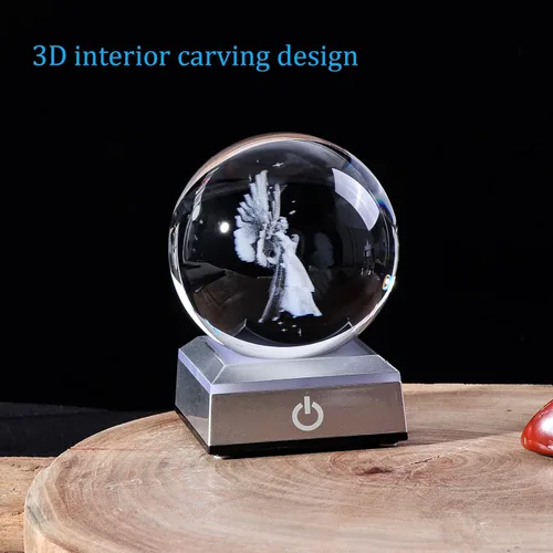 Miniatura 5 de Figuras de ángel de la guarda 3D K9 bola de cristal con base LED plateada, regalos de ángel conmemorativo para amigas y mujeres, decoración