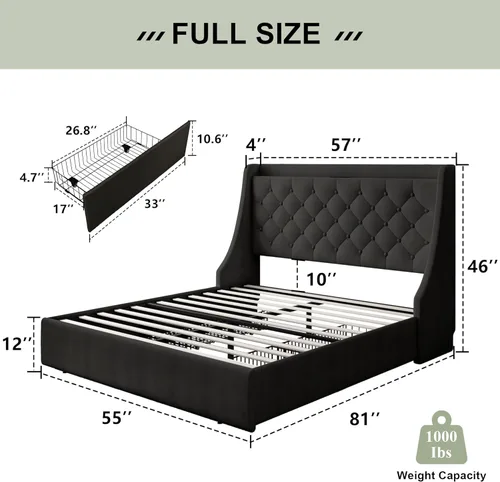Miniatura 2 de Feonase Marco de cama tapizado de tamaño completo con 4 cajones de almacenamiento, cabecera de almacenamiento grande tipo wingback, no necesita Negro