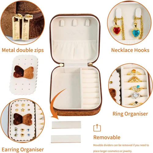 Miniatura 3 de SANQIANWAN Joyero de viaje de terciopelo de lujo para mujer, mini organizador de joyería pequeña, estuche de viaje portátil para anillos, aretes